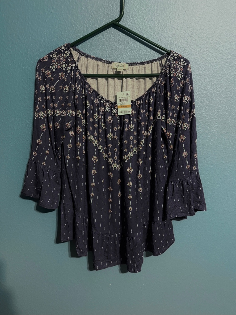 Style & Co. Navy Floral Smocked Neck Blouse